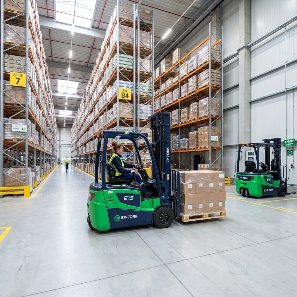Industrial logistics warehouse forklift truck fleet for material handling